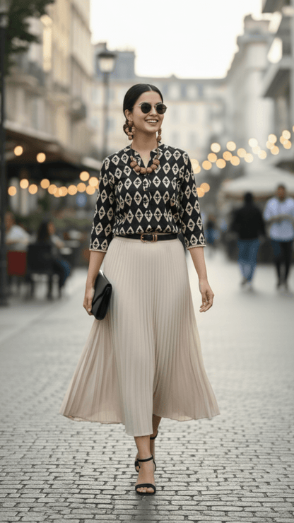 Woman in a stylish outfit with a patterned shirt and pleated skirt walking on a street.
