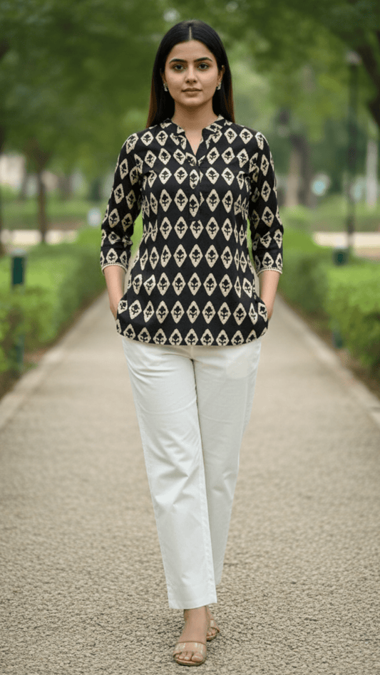 Woman wearing a black and white patterned top and white pants walking on a path with greenery in the background