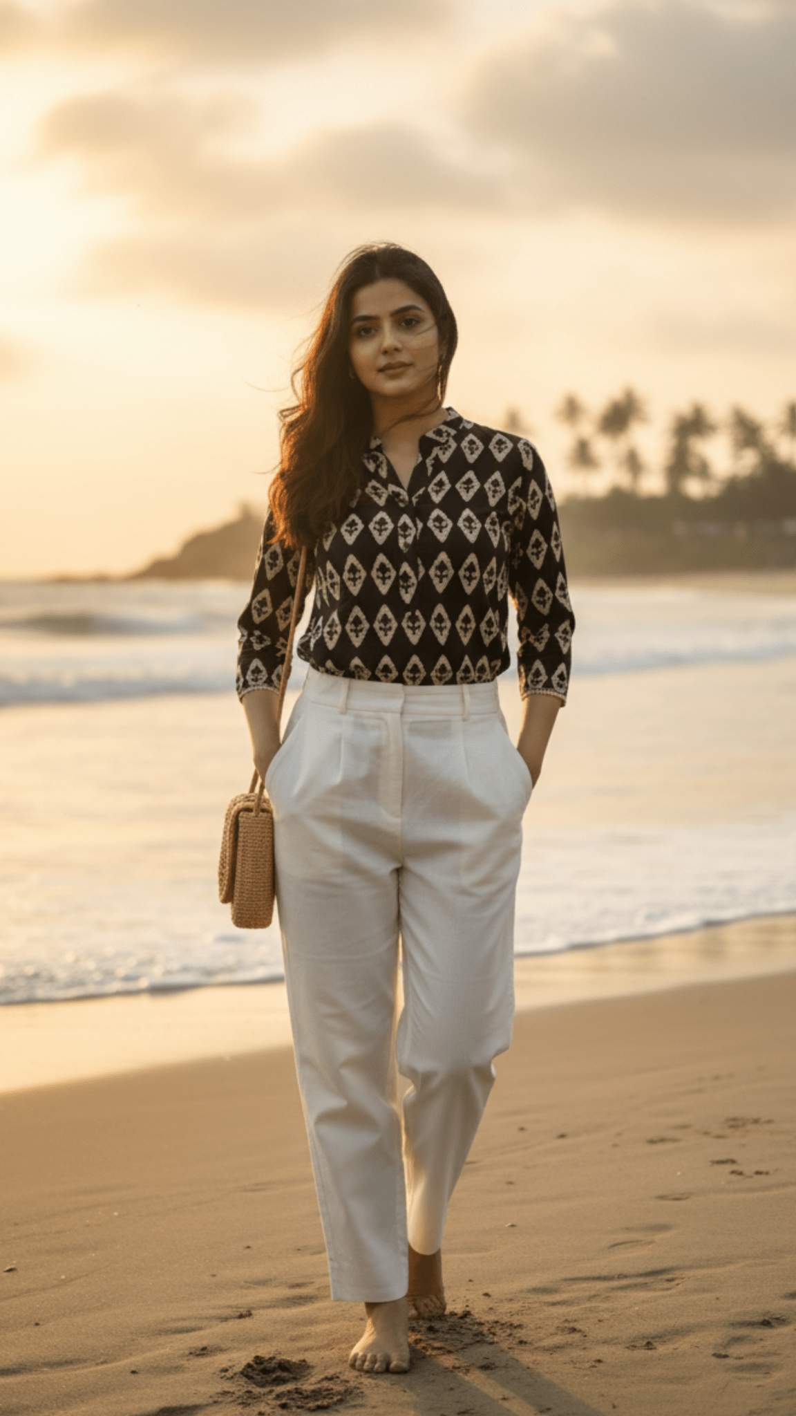 Woman standing on a beach wearing a patterned top and white pants, with a sunset in the background.