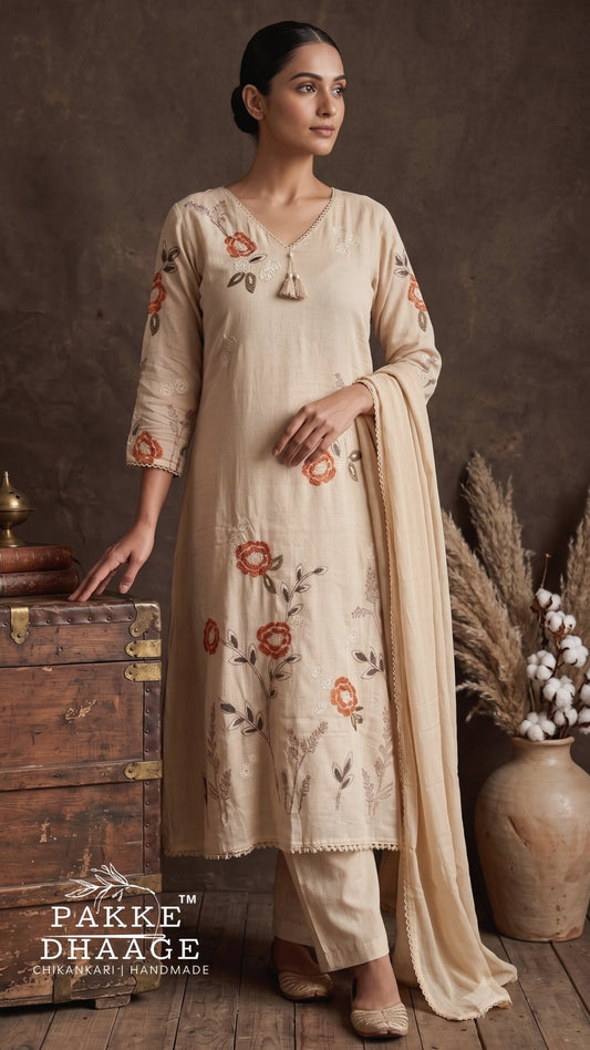Warm Beige Floral Embroidered Pure Cotton Kurta Set with Dupatta (3-Piece)