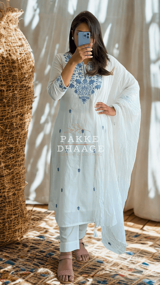 White Serenity Jaipuri Embroidered Suit Set - Blue on White