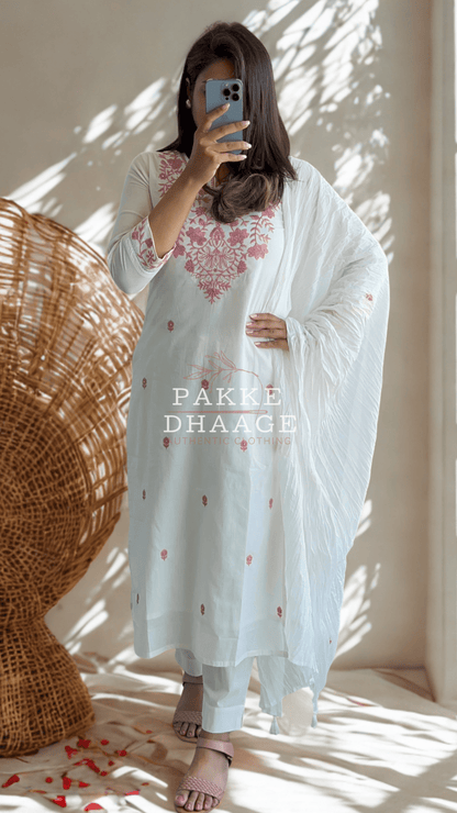 White Serenity Jaipuri Embroidered Suit Set - Pink on White