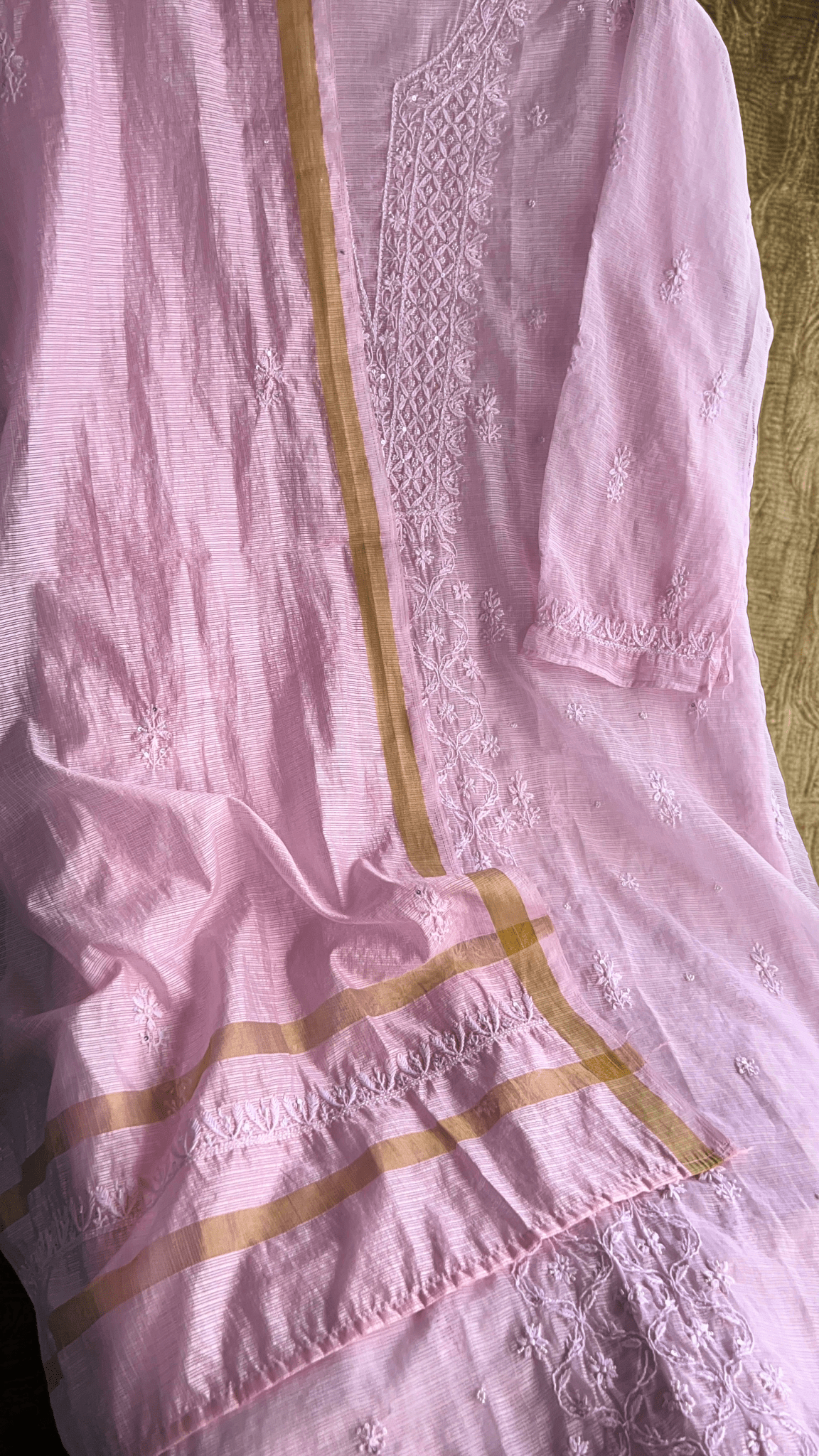 Women's Lucknawi Handcrafted Kota Doria Chikankari Suits - Unstitched Soft Pink