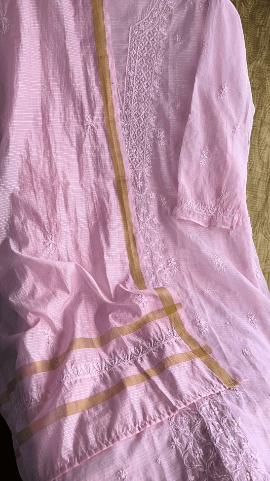 Women's Lucknawi Handcrafted Kota Doria Chikankari Suits - Unstitched Baby Pink