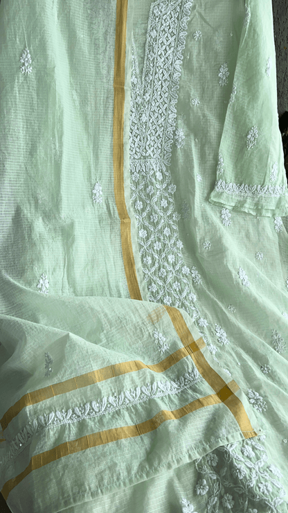 Women's Lucknawi Handcrafted Kota Doria Chikankari Suits - Unstitched Soft Pink