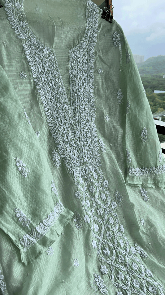 Women's Lucknawi Handcrafted Kota Doria Chikankari Suits - Unstitched Mint Green