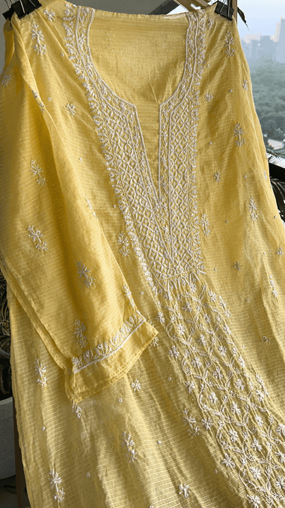Women's Lucknawi Handcrafted Kota Doria Chikankari Suits - Unstitched Soft Pink