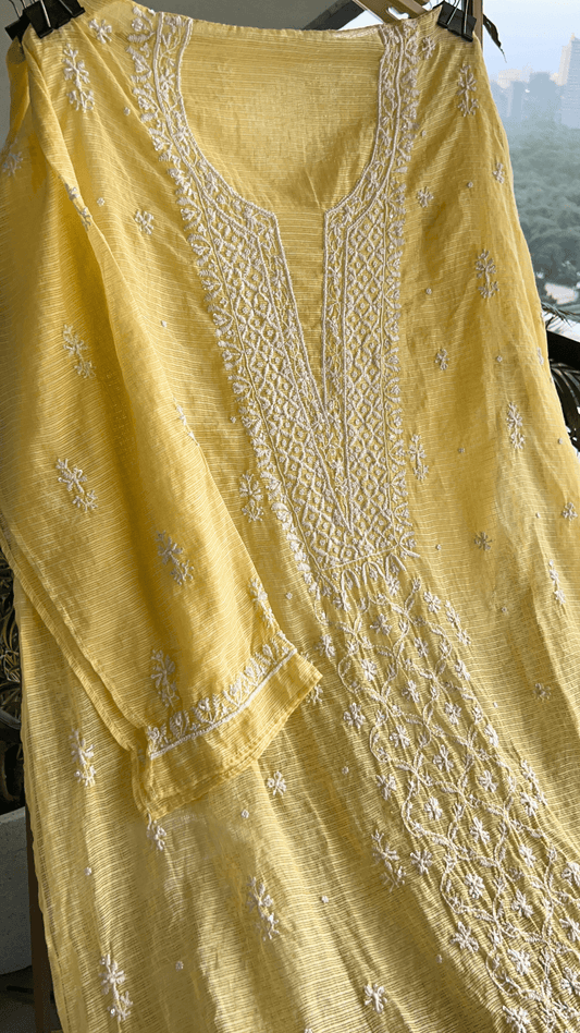 Women's Lucknawi Handcrafted Kota Doria Chikankari Suits - Unstitched Pastel Yellow