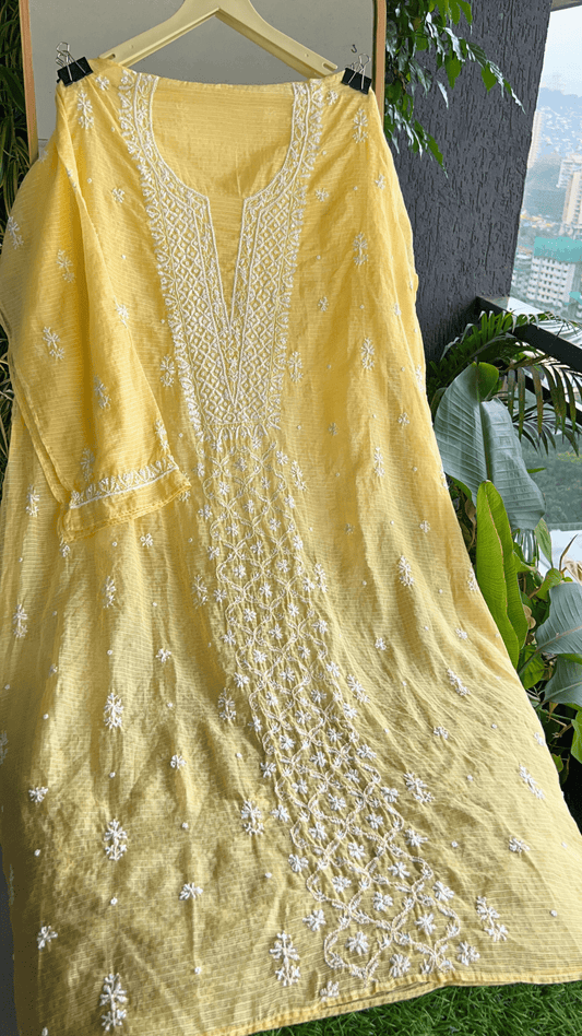 Women's Lucknawi Handcrafted Kota Doria Chikankari Suits - Unstitched Pastel Yellow