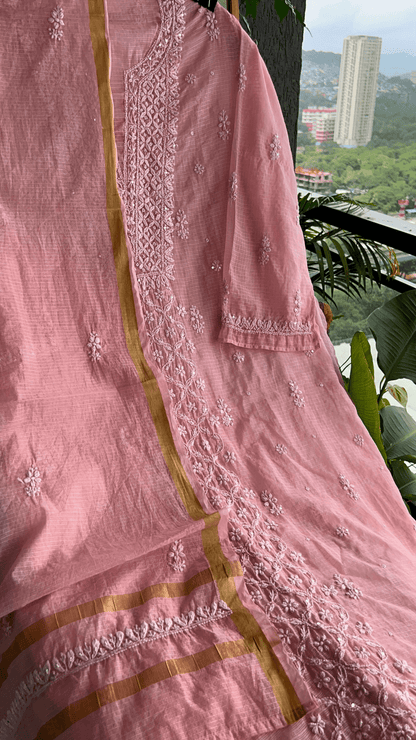 Women's Lucknawi Handcrafted Kota Doria Chikankari Suits - Unstitched Peach