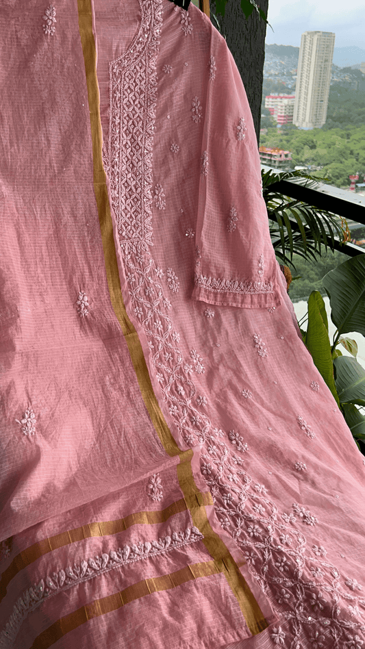 Women's Lucknawi Handcrafted Kota Doria Chikankari Suits - Unstitched Peach