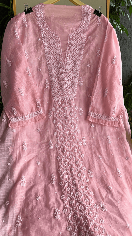 Women's Lucknawi Handcrafted Kota Doria Chikankari Suits - Unstitched Peach