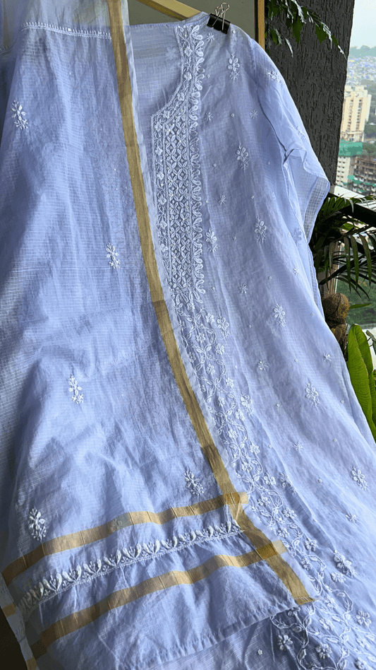 Women's Lucknawi Handcrafted Kota Doria Chikankari Suits - Unstitched Powder Blue