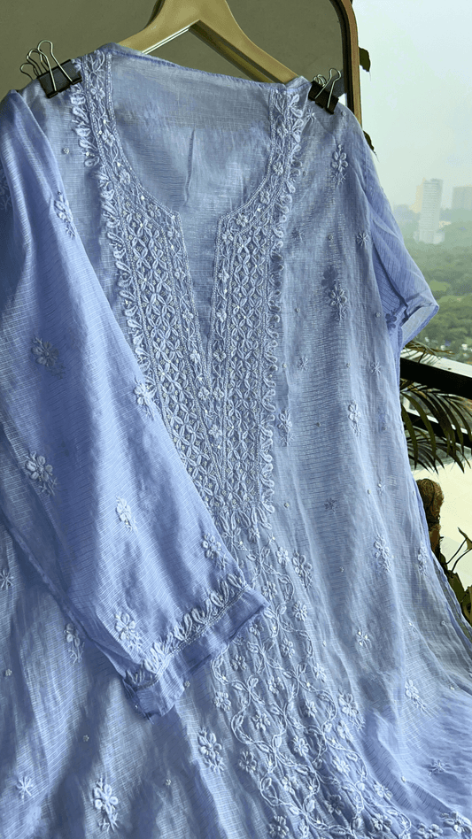 Women's Lucknawi Handcrafted Kota Doria Chikankari Suits - Unstitched Powder Blue