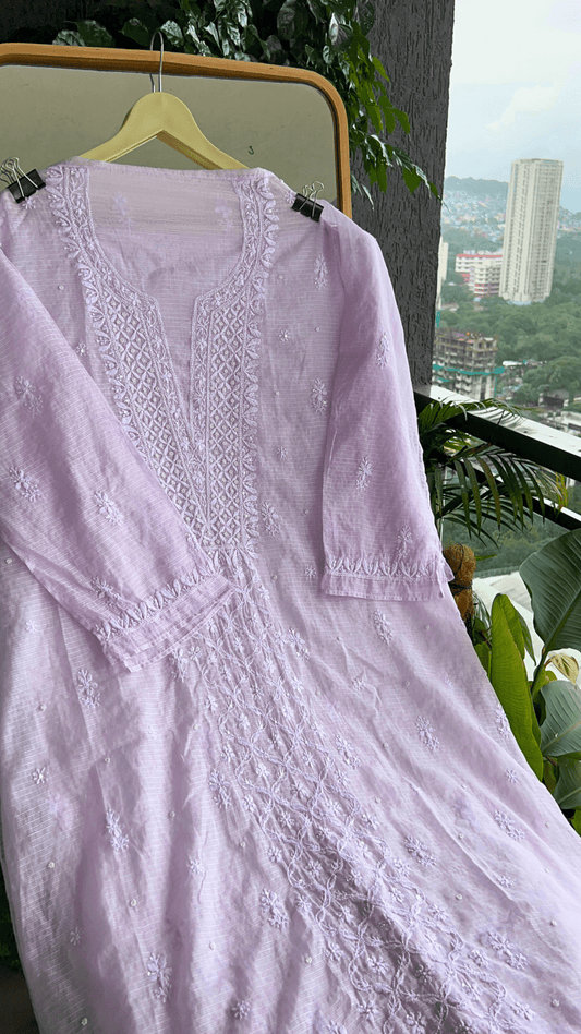 Women's Lucknawi Handcrafted Kota Doria Chikankari Suits - Unstitched Soft Pink