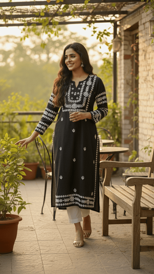 Woman in a black and white traditional outfit standing outdoors on a wooden deck with plants and furniture.