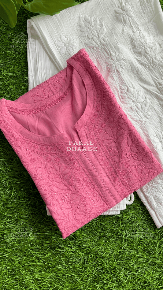 Zarah Pure Mulmul Chikankari Kurta - Dusty Rose Pink