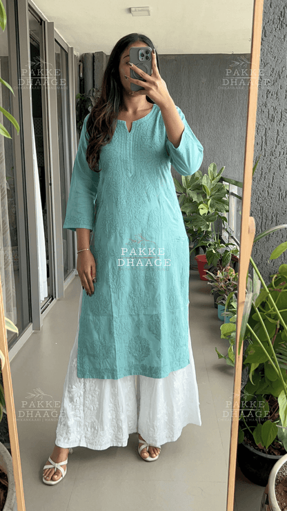 Zarah Pure Mulmul Chikankari Kurta - Sea Green
