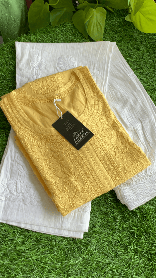 Zarah Pure Mulmul Chikankari Kurta - Yellow