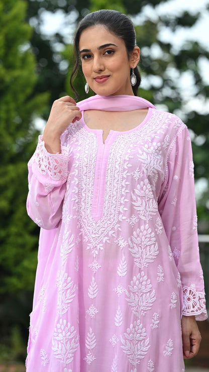 Zeenat Chikankari Lace Cutwork Kurta Set with Dupatta 3-Pc Set - Rosewater Pink