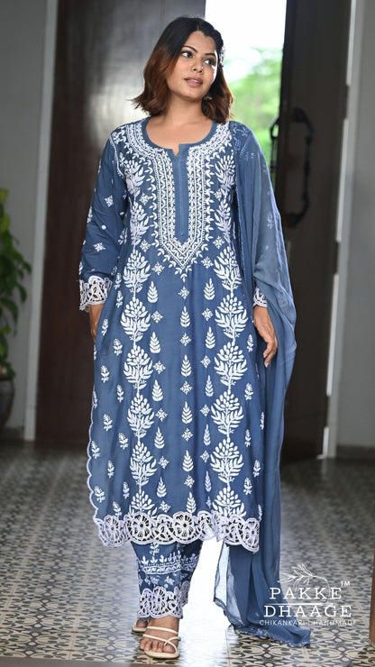 Zeenat Chikankari Lace Cutwork Kurta Set with Dupatta 3-Pc Set - Smoky Indigo