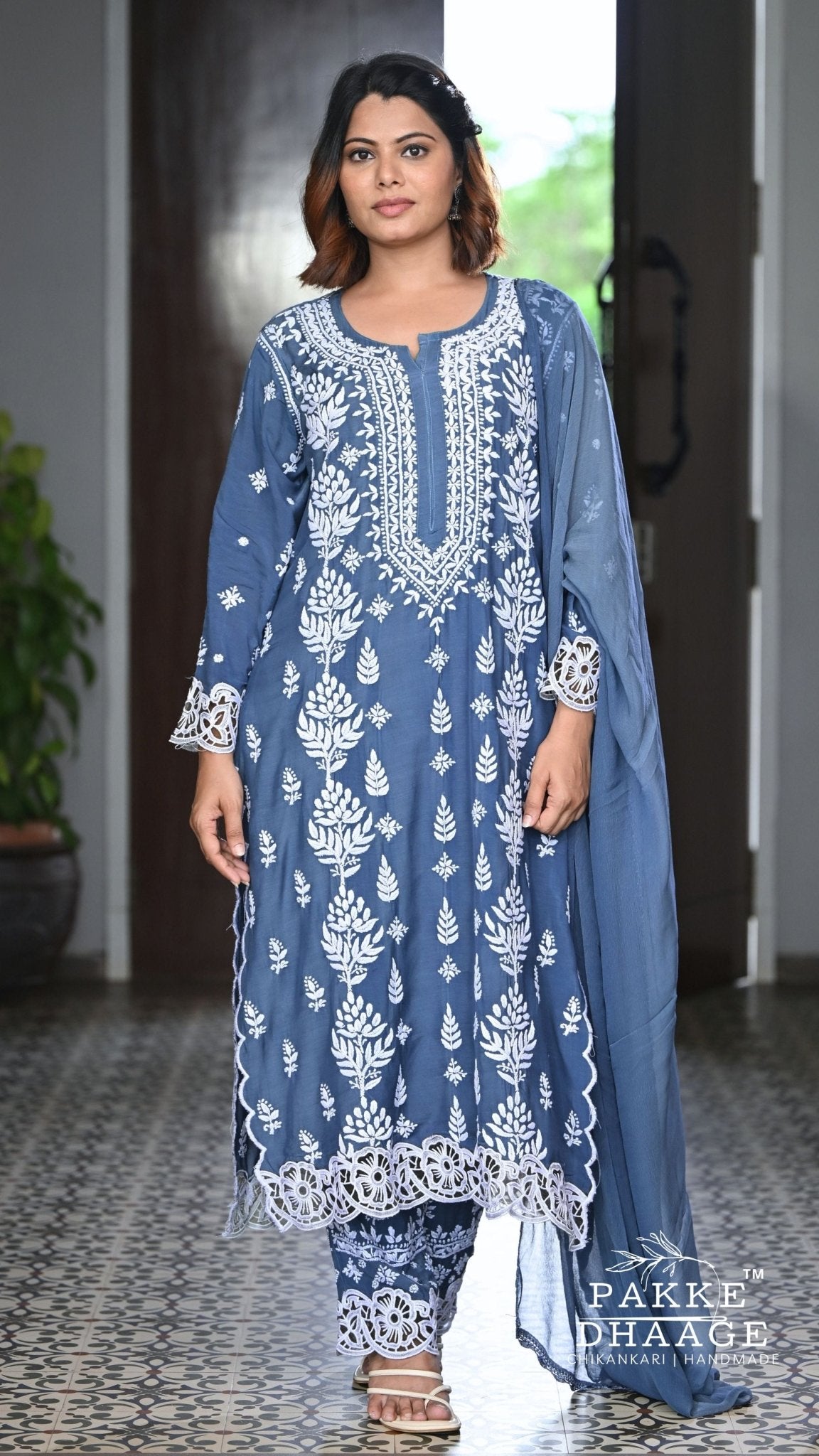 Zeenat Chikankari Lace Cutwork Kurta Set with Dupatta 3-Pc Set - Smoky Indigo
