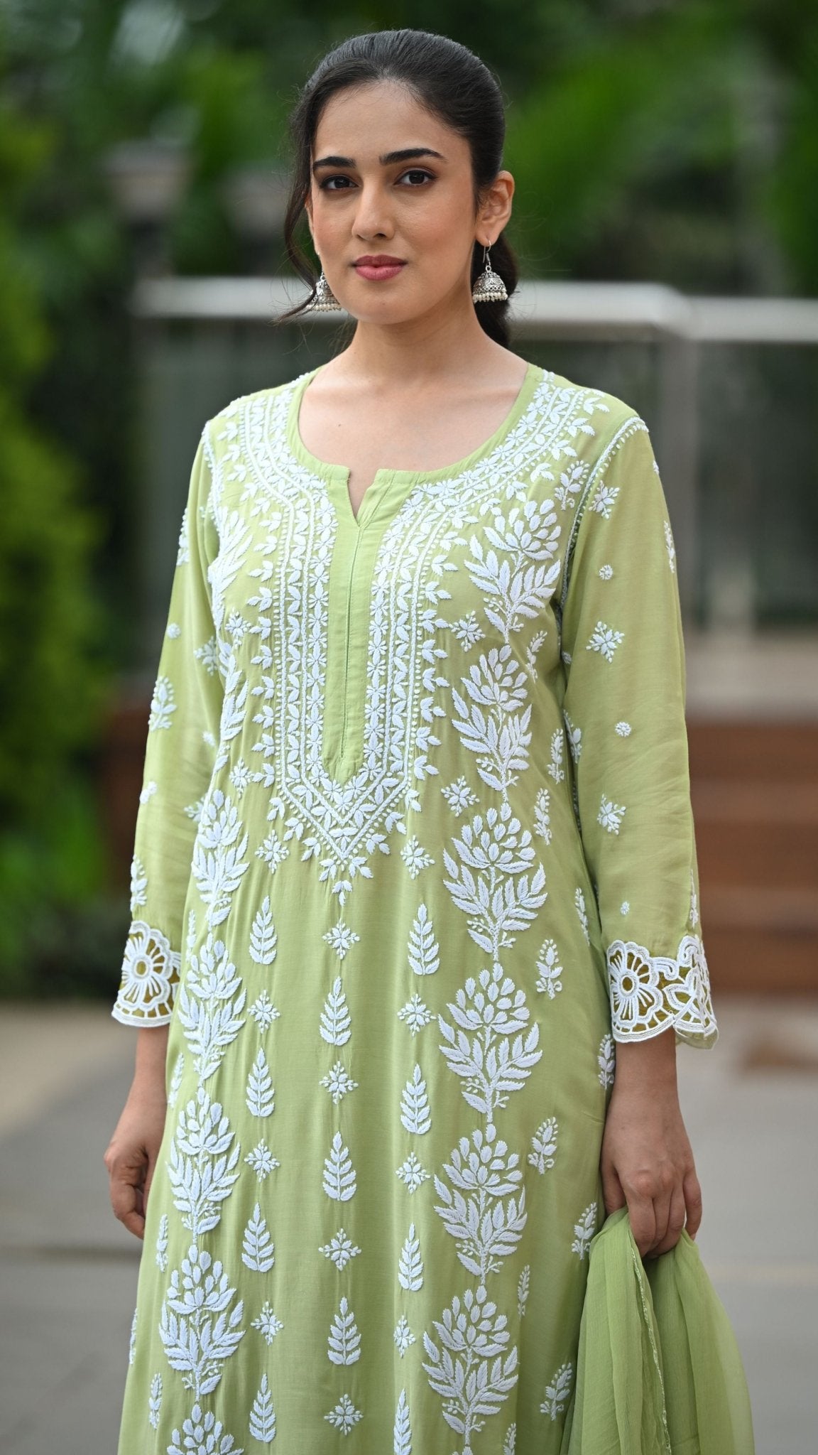Zeenat Chikankari Lace Cutwork Pure Muslin Kurta Set with Dupatta 3-Pc Set - Pista Green