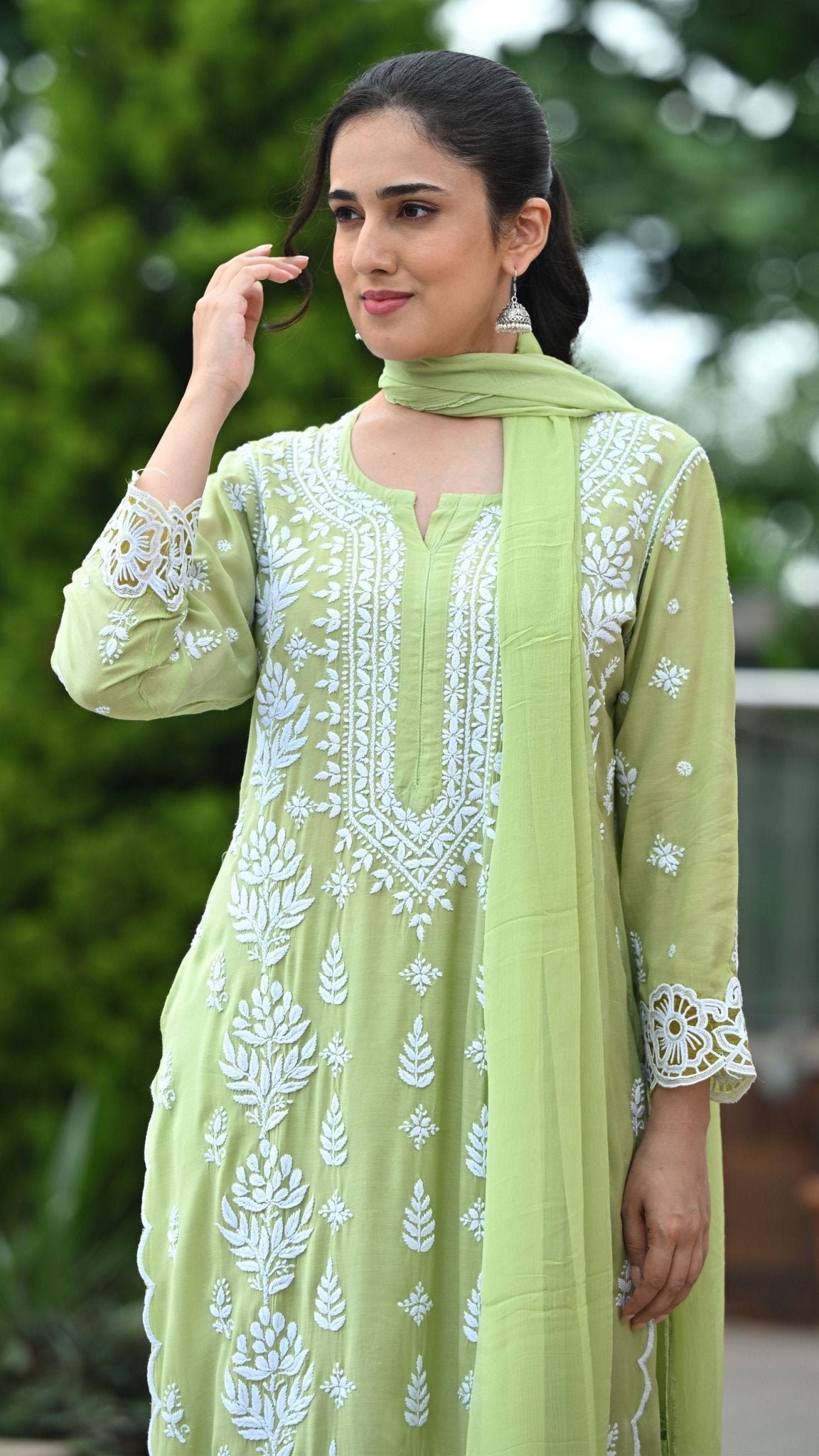 Zeenat Chikankari Lace Cutwork Pure Muslin Kurta Set with Dupatta 3-Pc Set - Pista Green