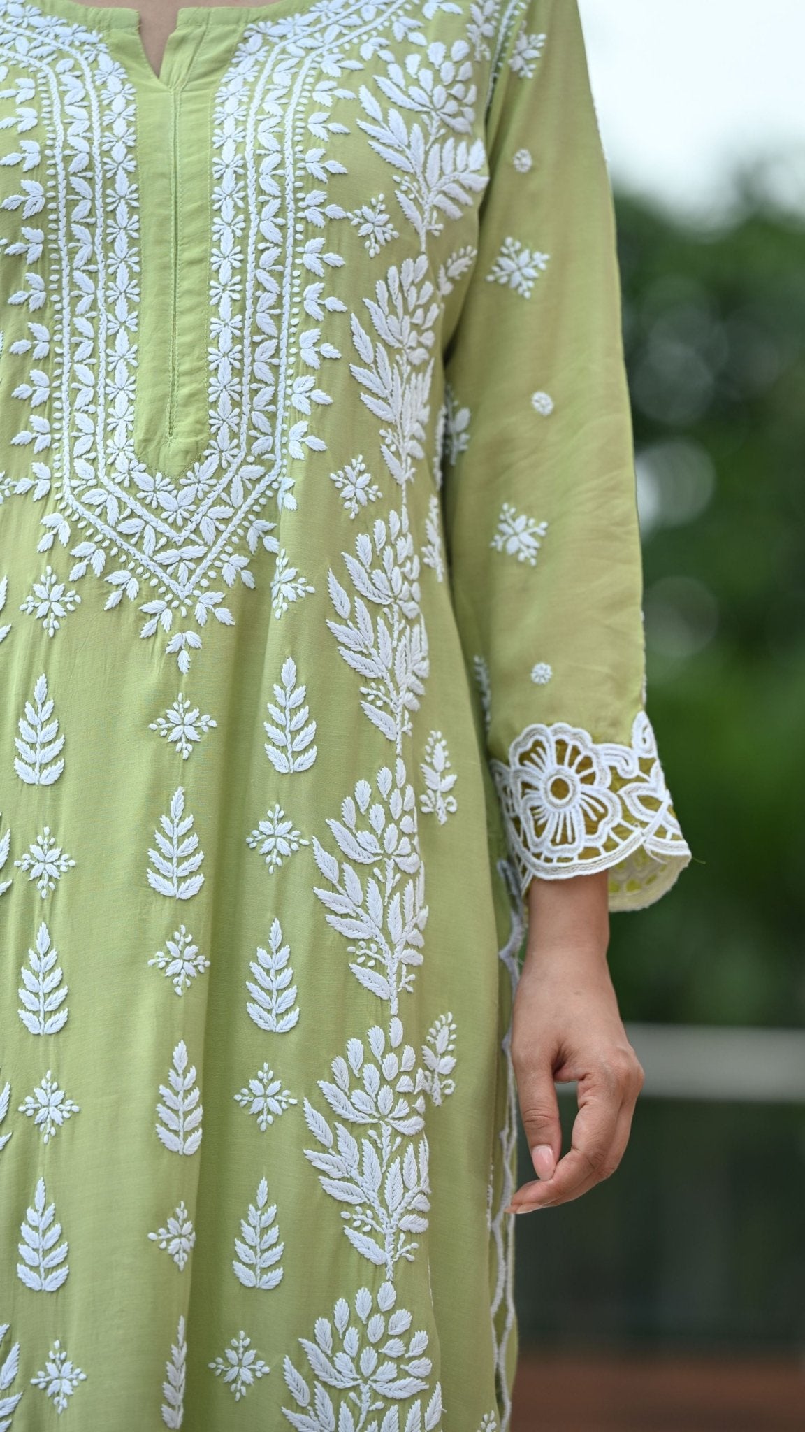 Zeenat Chikankari Lace Cutwork Pure Muslin Kurta Set with Dupatta 3-Pc Set - Pista Green