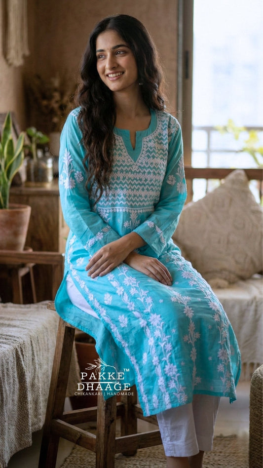 Ziya Chikankari Pure Modal Kurtis Aqua Splash