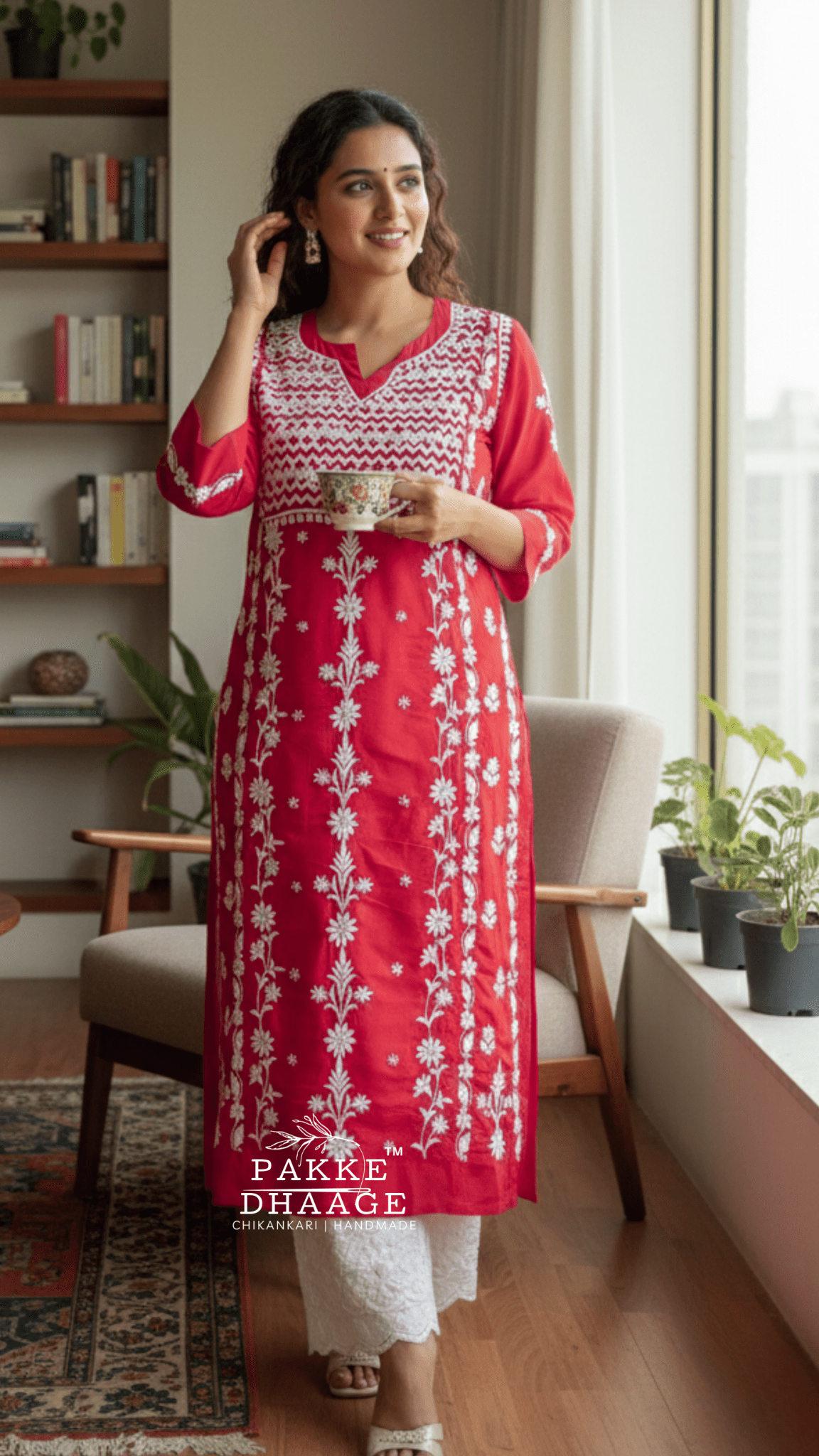 Ziya Chikankari Pure Modal Kurtis Radiant Red