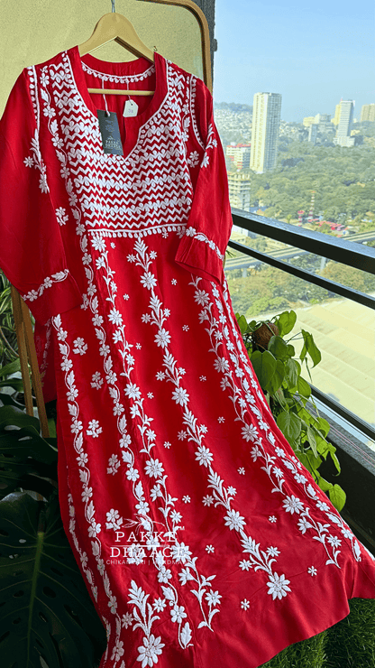 Ziya Chikankari Pure Modal Kurtis Radiant Red