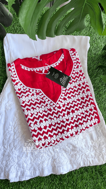 Ziya Chikankari Pure Modal Kurtis Radiant Red