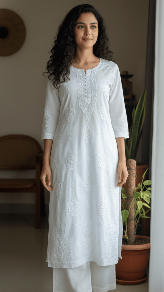 Woman wearing a white embroidered kurta standing in a room with a plant and chair.