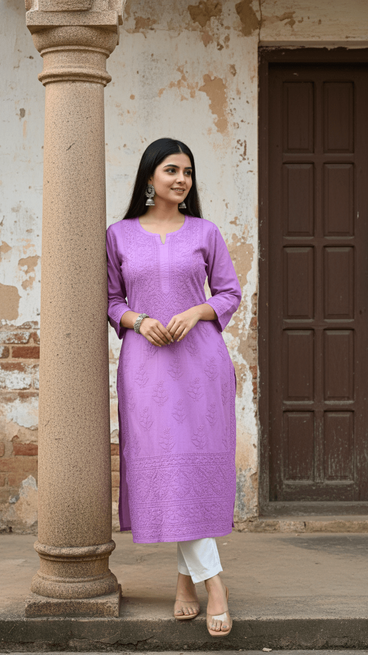Woman in a mauve chikankari kurta standing in front of a textured wall and wooden door.