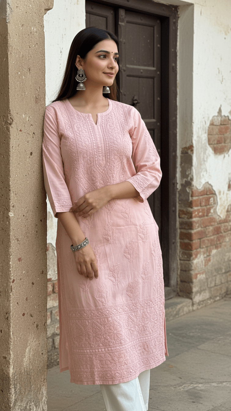 Woman wearing a mocha chikankari kurta standing against a textured wall.