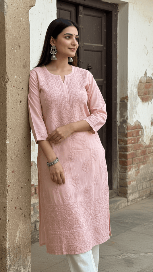 Woman wearing a mocha chikankari kurta standing against a textured wall.
