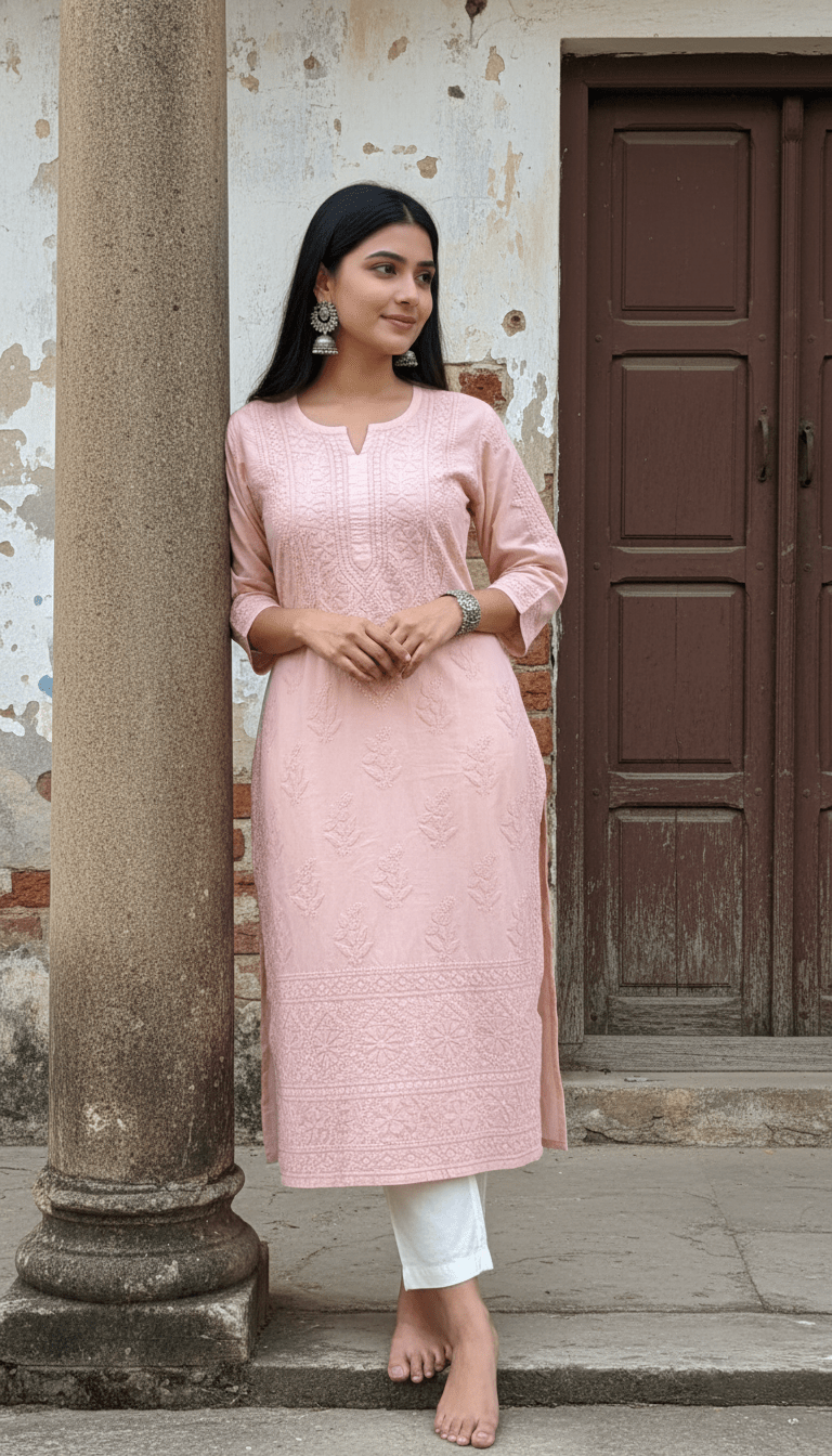 Woman wearing a mocha chikankari kurta with white pants standing against a rustic wall.