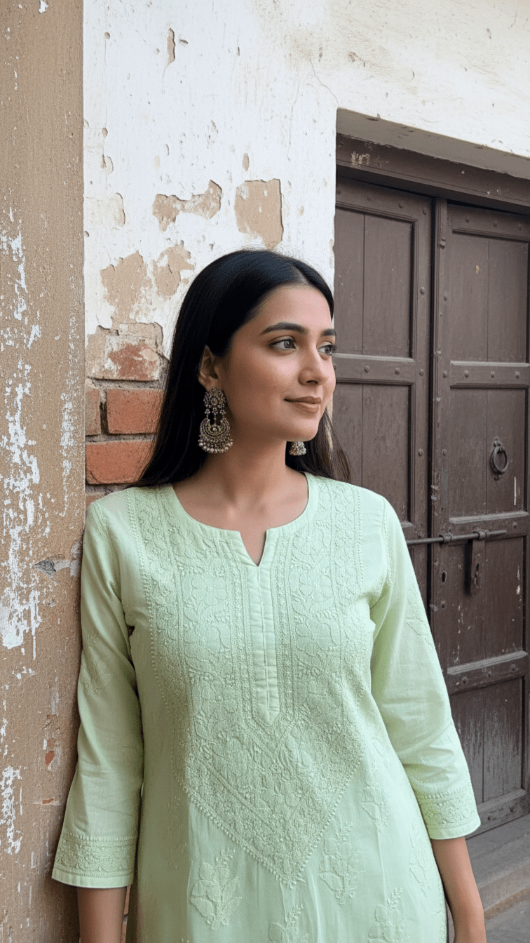 Woman in a light green kurta standing against a textured wall.