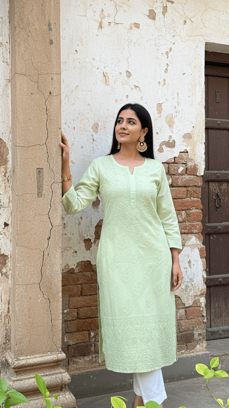 Woman in a light green kurta standing in front of a textured wall.