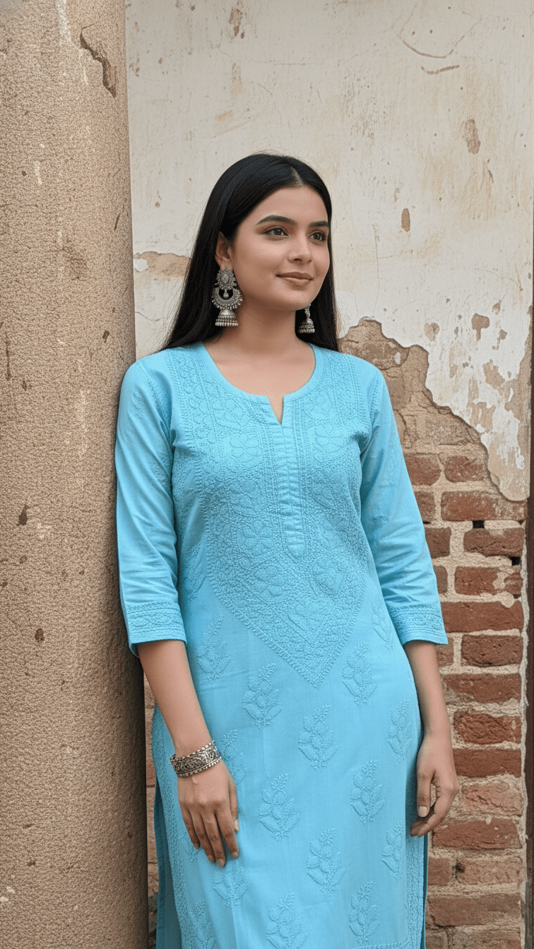 Woman in a aqua blue chikankari kurti standing against a textured wall.