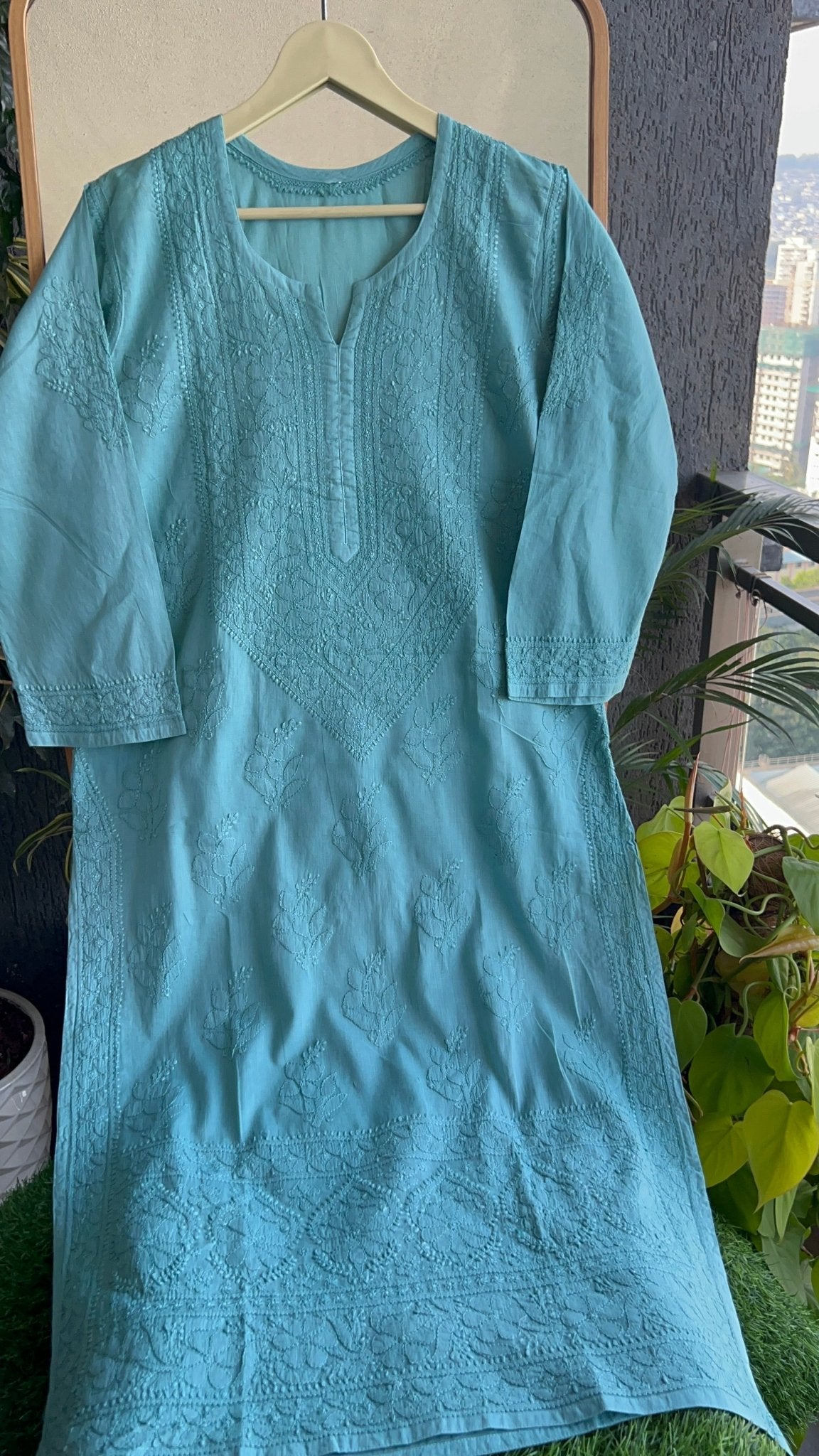 Zoya Pure Mulmul Chikankari Kurta - Sea Green