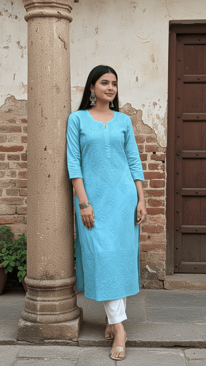 Woman in a aqua blue kurta standing next to a stone column with a rustic building in the background.